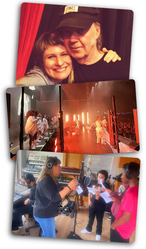 Three-photo collage: Charissa Nielsen with Neil Young, kids choir performing with M.I.A., and a studio session with Rex Kudo.